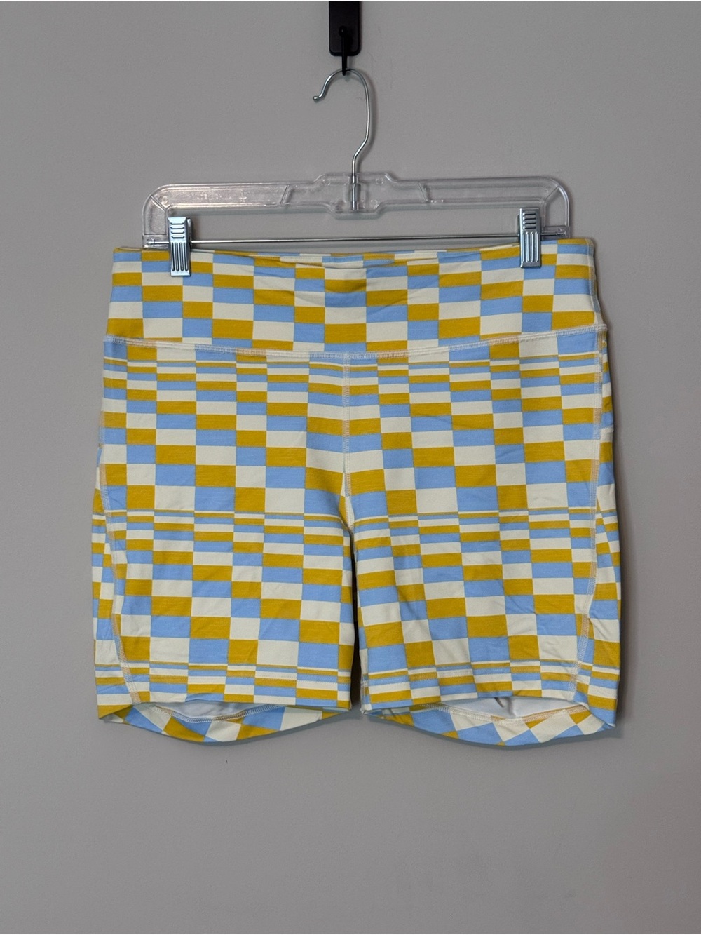 Outdoor Voices High Rise Biker Shorts Blue Yellow Checkered XL 5.5”